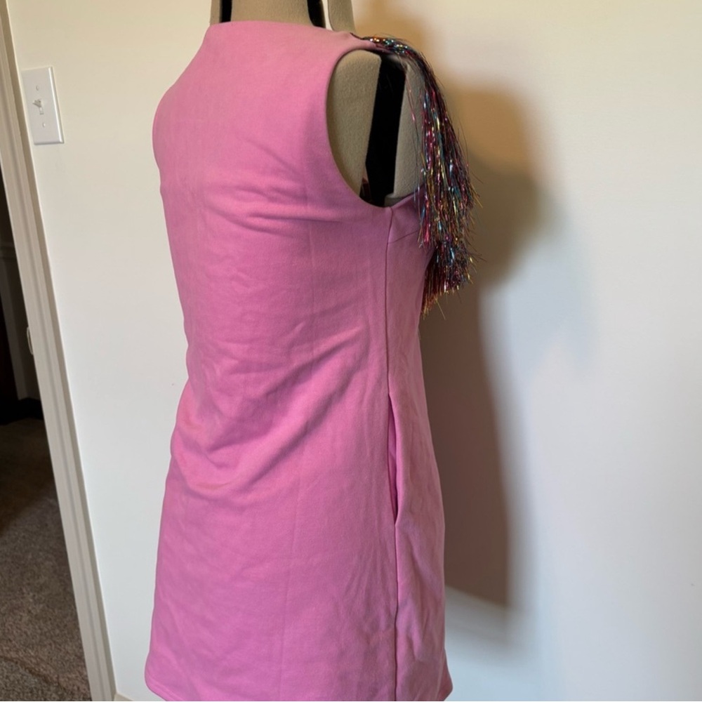 QUEEN OF SPARKLES Pink One-Shoulder Fringe Mini Dress - Picture 4 of 6